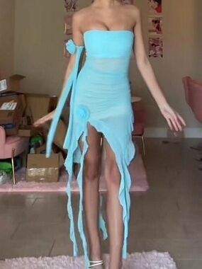 Strapless Aquamarine Sheer Asymmetric Fringe Dress